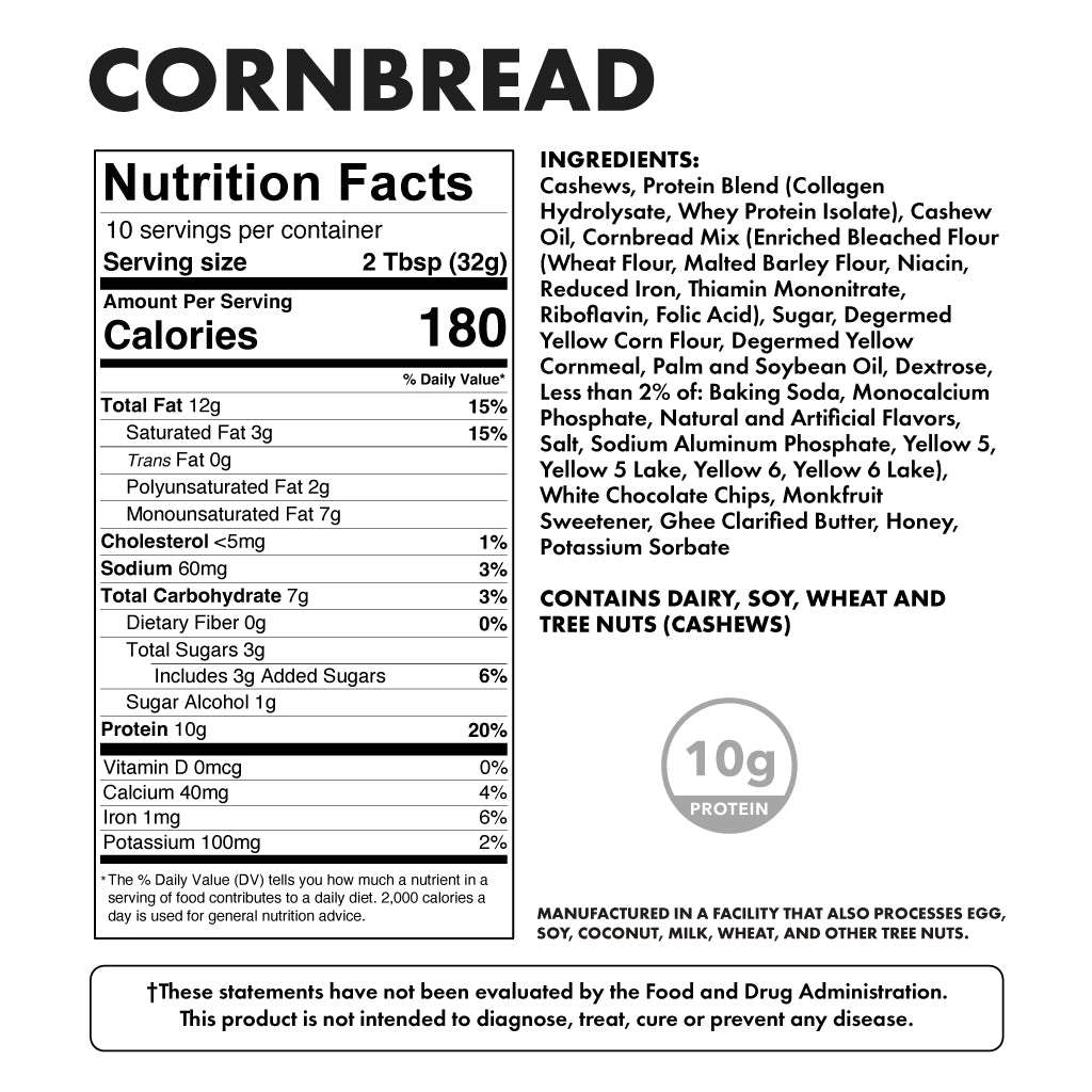 High Protein Nut Butter Cornbread - Nutritional Facts